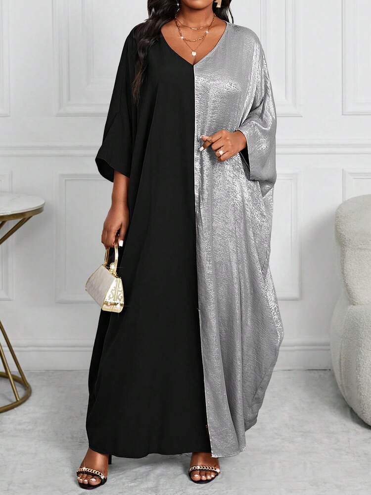 SHEIN Lady Plus Size Women Contrast Color V-Neck Batwing Long Sleeve Loose Casual Dress, Autumn/Winter Fall - Silver - View 5