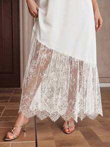Graceveil Women's Solid Color Round Neck Short Sleeve Lace Hem Elegant Long Dress - White - View 2
