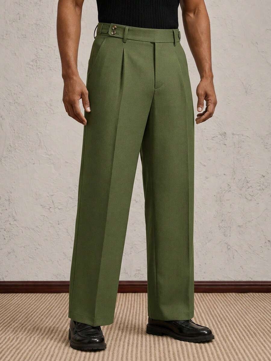 AKNOTIC Men's Party Woven Long Mid-Waist Straight Leg Casual Suit Pants, Suitable For Daily Wear, Spring/Summer, Vacation, Party, Wedding Season, Graduation Gift - Army Green - View 1