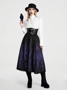 Breakform Rok Wanita Kasual Punk Gothic Bermotif Bunga dan Mengembang - Hitam - View 3