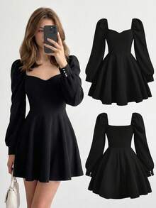 SHEIN Girlism Teen Girl's Black/Knitting/Winter/Elega Ant/For Party/Lantern Sleeves/Pearl Buckle/Short Dress - Black - View 1