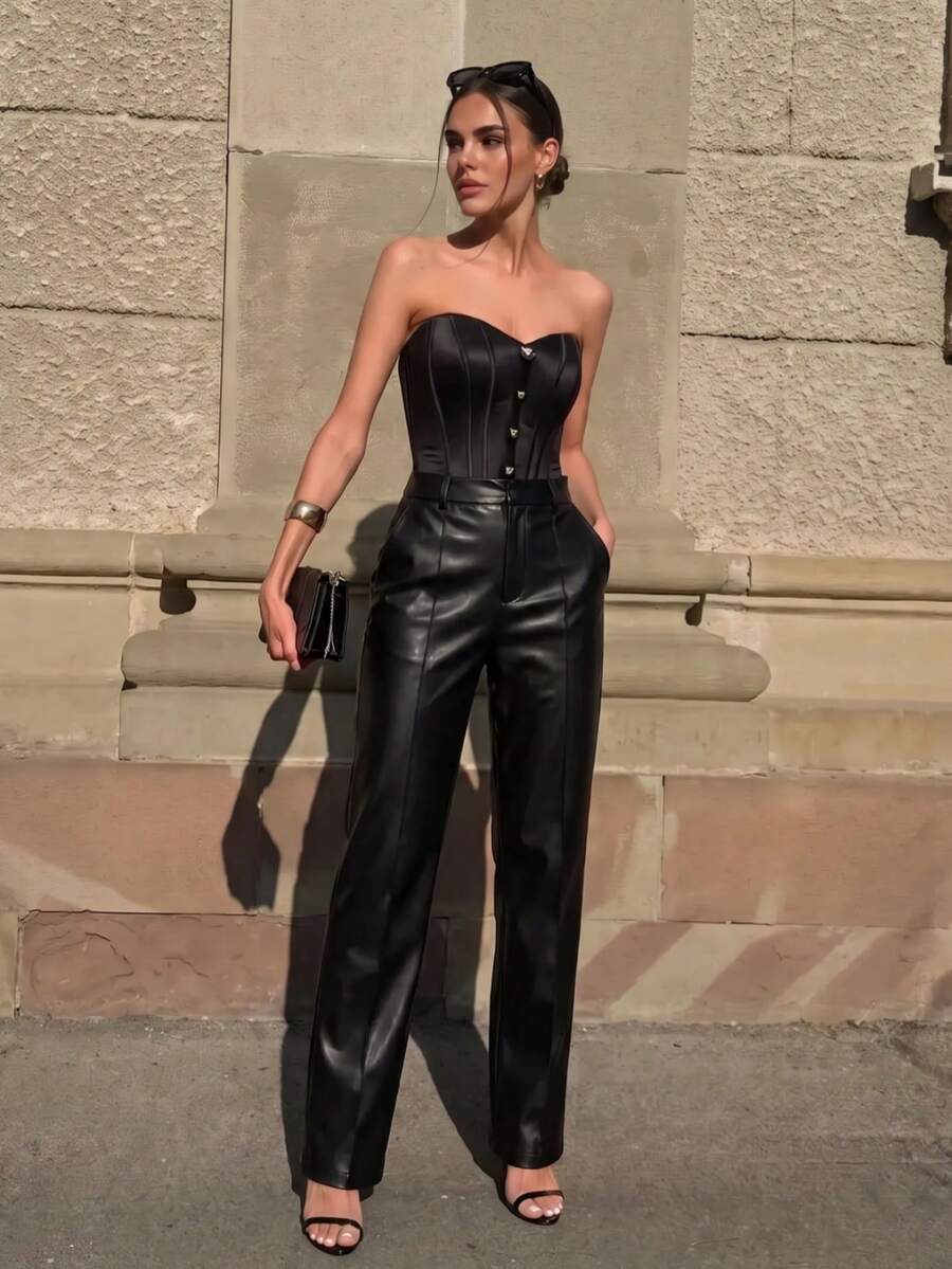 Anewsta Classic Waist Loop Design Center Seam Draped Straight Leg Leather Pants, Black Versatile Commuter Women's Long Pants, Suitable For Outings, Work, Daily Outings, Work Outfits