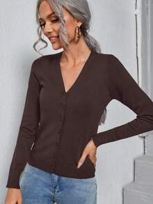 Easowa Solid Button Up Cardigan,Long Sleeve Tops,Tops For School In Fall/Winter - Brown - View 3