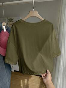 Solflare 純色落肩短版休閒大尺碼T恤 - 軍綠色 - 查看 3