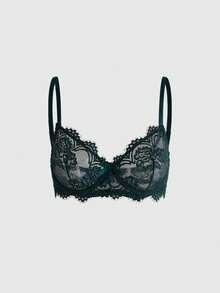 ROMWE Goth Floral Lace Eyelash Trim Underwire Triangle Cup Bra - Dark Green - View 1