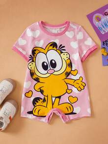 GARFIELD | SHEIN Baby Girl Cartoon Cute Cat & Heart Print Pink Funny Romper - Multicolor - View 1