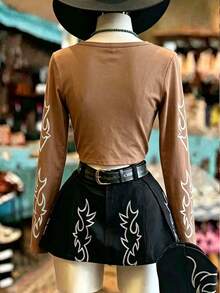 NostaNoir Women's Round Neck Stud Decor Casual Streetwear 2000s Versatile Everyday T-Shirt Concert Rave Brown Autumn - Multicolor - View 2