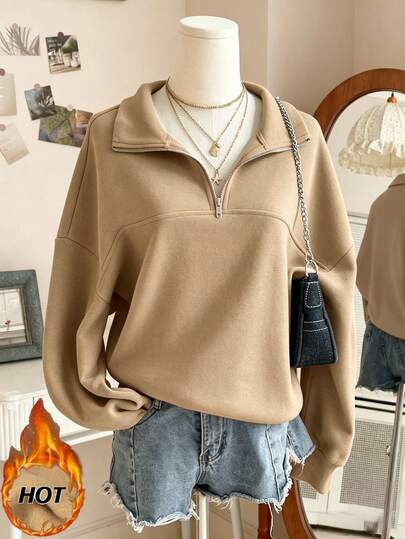 Lalippa Women's Loose Fit Zip-Up Sweatshirt With Split Collar
