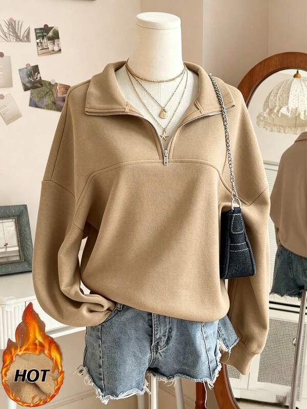 Lalippa Sweatshirt Wanita Longgar dengan Resleting dan Kerah Terbelah