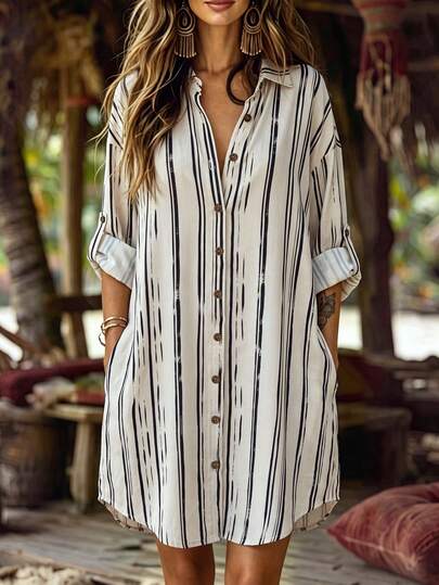 SHEIN LUNE Damen Neues Herbst Beige Basis Asymmetrisches Schwarz Vertikal Gestreiftes Hemd, Umlegekragen, Knopfleiste, hochgekrempelte Ärmel, lockeres langes Hemdkleid über die Knie