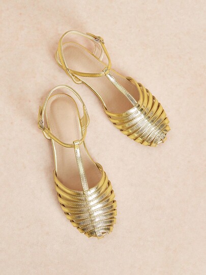 Rosivie Zapatos de mujer de moda con punta redonda dorada, diseño hueco y transpirable, hebilla de metal en el tobillo, suela plana, estilo retro, casual, cómodos y versátiles para ir al trabajo R