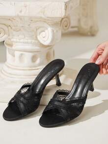 CUCCOO CHICEST Sandal Wanita Musim Panas Terbaru dengan Tali Hitam dan Pinggiran Renda, Hak Tinggi, Ujung Bulat, Hak Sedang, dan Ujung Terbuka, Cocok untuk Penggunaan Sehari-hari yang Serbaguna dan Nyaman. - Simulasi sutra hitam 1 # - View 3