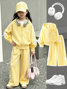 SHEIN Genkimix Kids Long Sleeve Little Girls 2‑Piece Casual Tracksuit, Fall Tops - Yellow - View 1