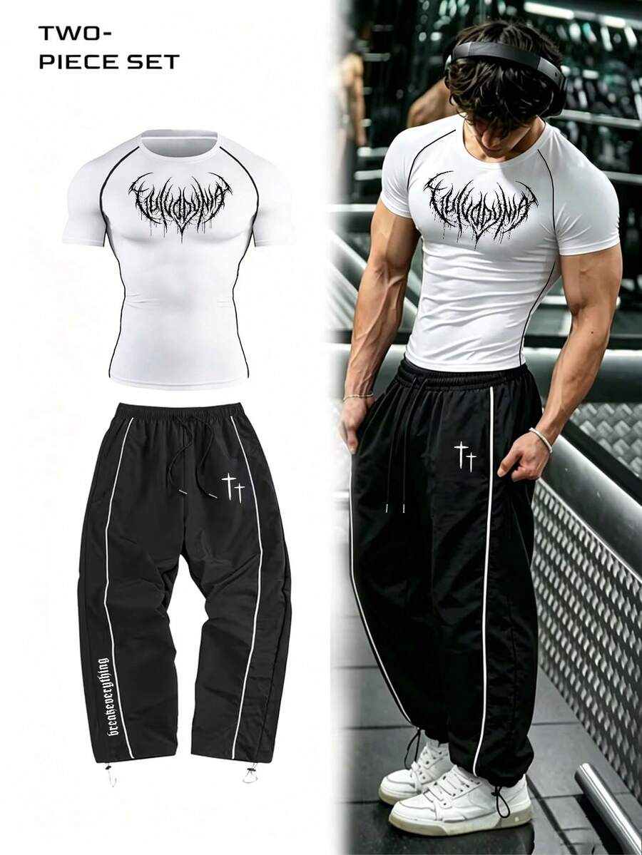 Gym Rark Conjunto deportivo de camiseta de cuello redondo de manga corta con estampado y bloques de color y pantalones largos con cintura de cordón para hombre - Blanco - Ver 1