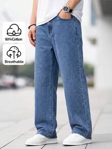 SHEIN 兒童青少年男孩休閒水洗直筒牛仔褲 - 中等水洗藍 - 查看 1