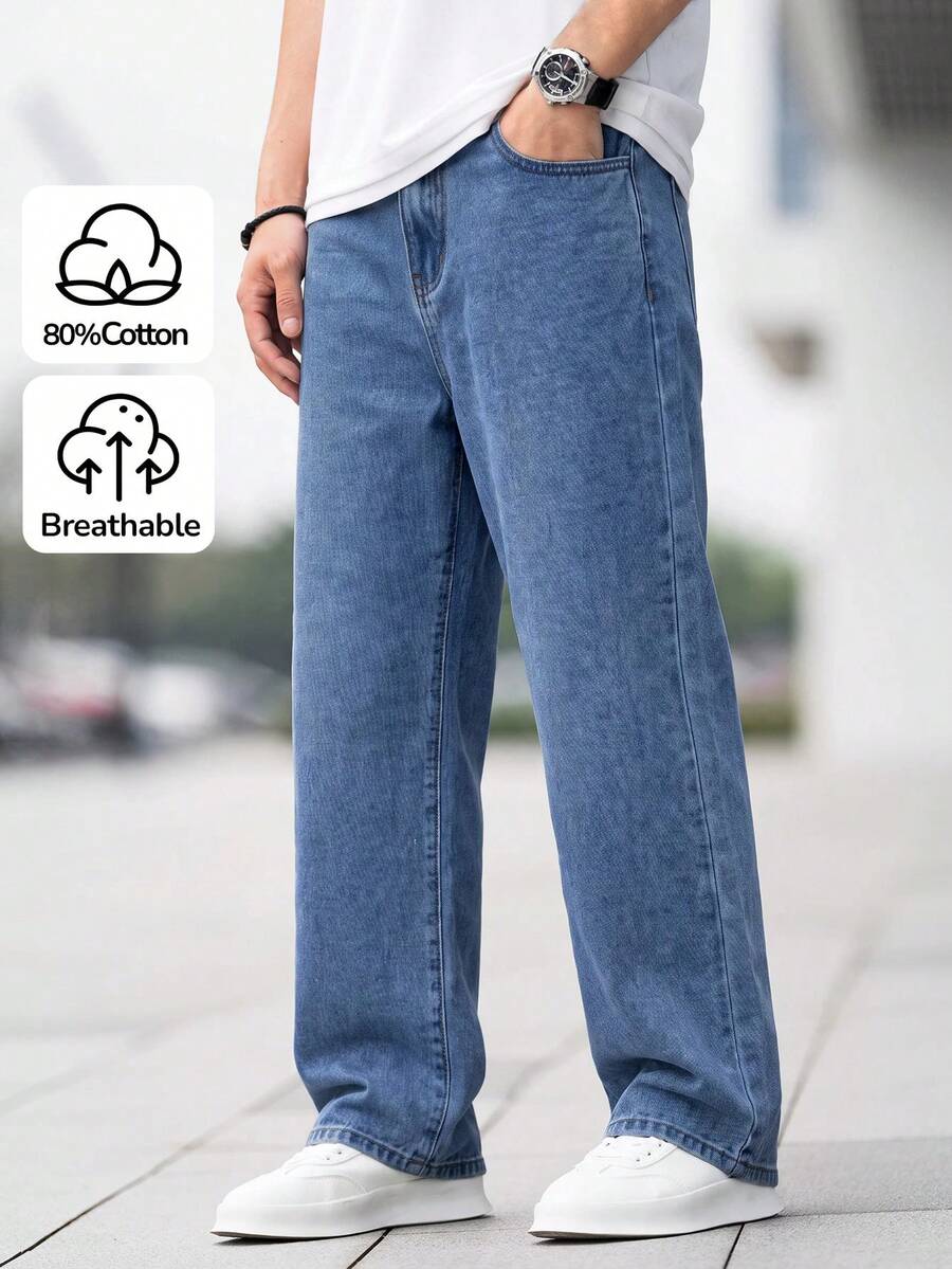 SHEIN 兒童青少年男孩休閒水洗直筒牛仔褲 - 中等水洗藍 - 查看 1