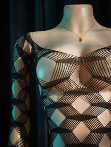SpicyHot 1pc Sexy Women's Black Geometric Mesh Long Sleeve Backless Jumpsuit - Black - View 4