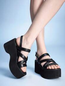 Sugerpunk Sandal wedges kasual dan bergaya untuk wanita dengan ujung terbuka, skema warna gelap bergaya punk gothic, dan gesper pergelangan kaki elastis dari logam. - Malam Bersinar Hitam - View 4
