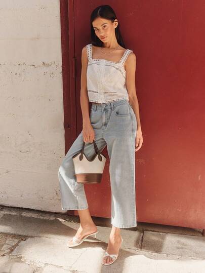 lacRébo Blusa sin mangas bordada con ribete de encaje y detalles de borde festoneado estilo boho cottagecore para verano vacaciones brunch francés blanco