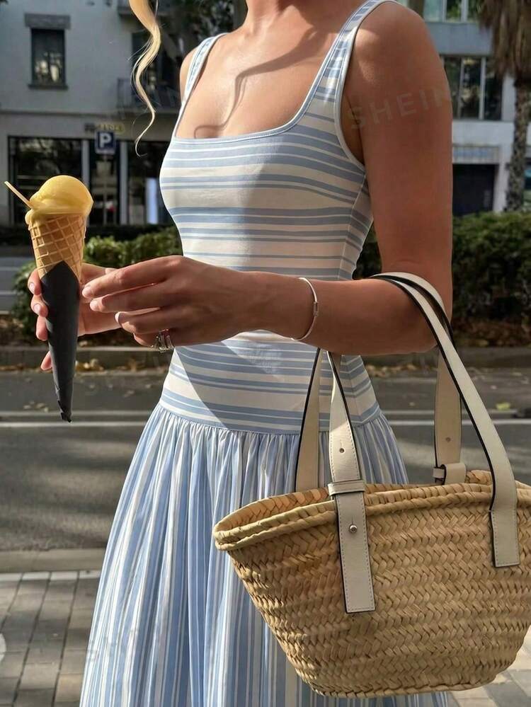 NOVVYNE فستان طويل نسائي محبوك مخطط بتصميم رقعات على شكل سترة، رومانسي وجذاب للعطلات، بأسلوب فرنسي - الأزرق - مشاهدة 5