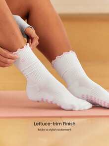 GLOWMODE 2-Pair Cotton Blend Powerhouse Pilates Grip Socks With Lettuce Trim & Anti-Slip Grips Daily Active Studio Wear - White + pink. - View 3