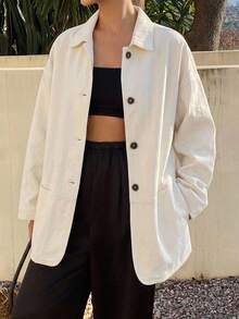 DAZY Women's Lapel Loose Long Sleeve Open Front Denim Jacket, Casual City Style Washed Relaxed Denim Jacket - White - View 9
