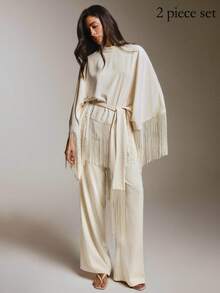 COSMINA Women's Casual Elegant Tassel Patchwork Shirt And Pants Set For Occasions - White - View 4