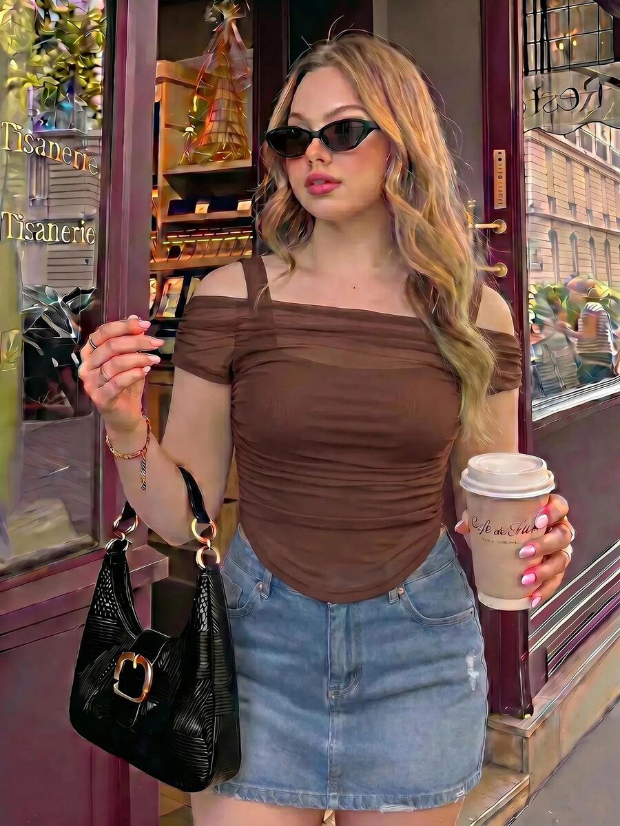 SHEIN MOD Plus Size Nude Color Off-Shoulder Sheer Mesh Tank Top, Summer - Brown - View 1