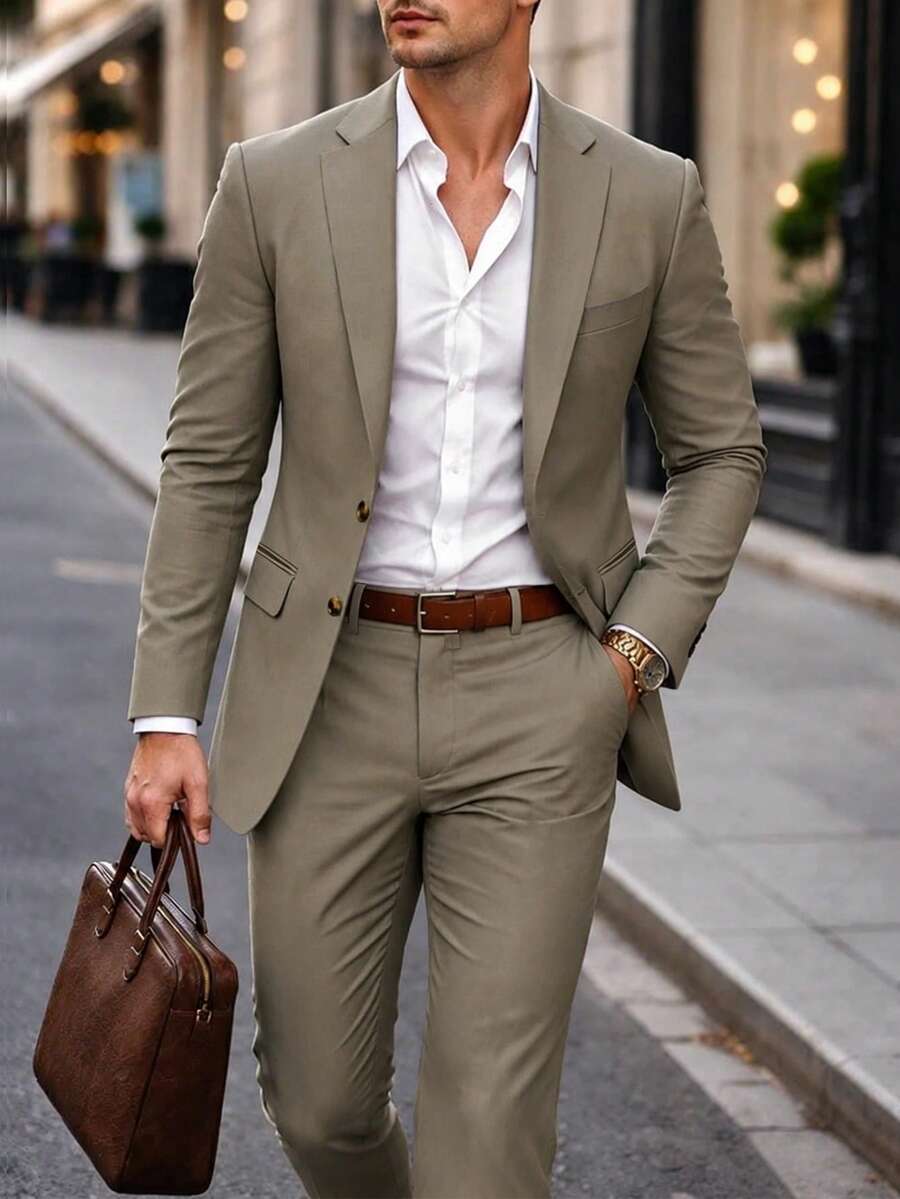 Manfinity Mode Setelan Jas Khaki Kasual Bisnis Pria Musim Panas, Jaket dan Celana Kancing Tunggal dengan Kerah Berlekuk, Pakaian Serbaguna untuk Pernikahan, Pesta, Perjalanan & Perjamuan untuk Pria - Coklat - View 1