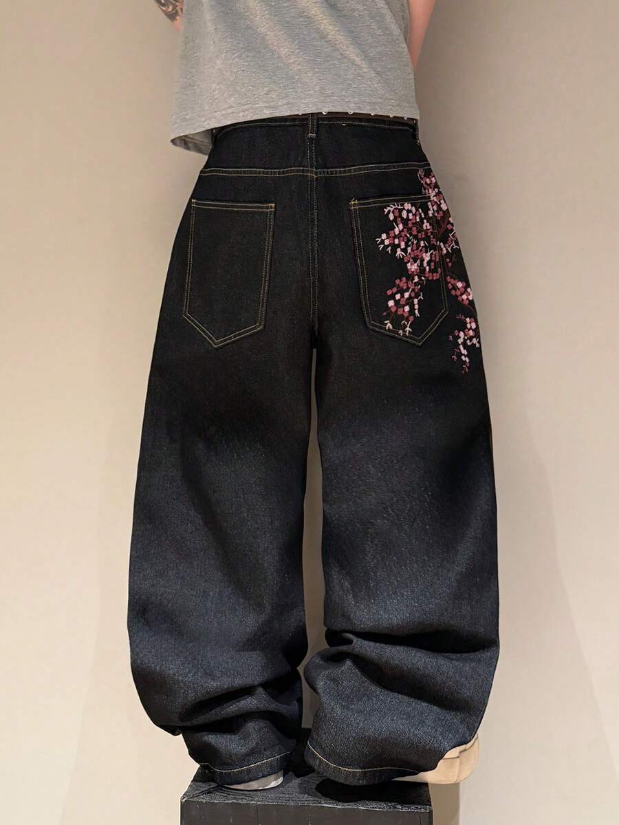 STEELVANCE 街頭風復古時尚百搭鉚釘刺繡設計寬鬆寬腿休閒牛仔褲（不含腰帶與配件）