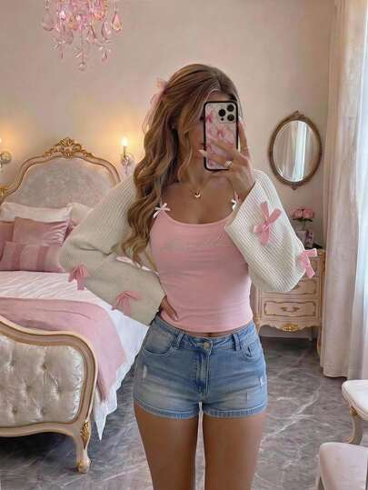 SHEIN MOD Suéter de punto de mujer con decoración de lazo 3D dulce