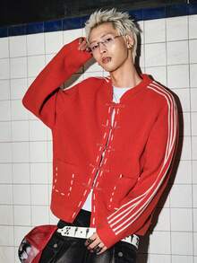 ROMWE MEN Street Life Men's Long Sleeve Striped Pocket Knit Cardigan - Hot Pink - View 1