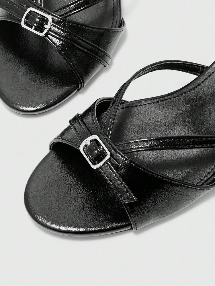 CUCCOO BIZCHIC French Style Elegant Commuter Comfortable Versatile Short Heel Round Toe Button Kitten And Lady Open Toe Cold Slippers - Dark Night - View 7