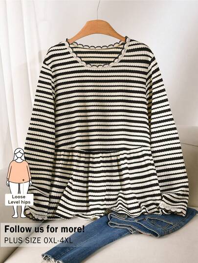 CosyJoli Plus Size Women's Striped Top, Long Sleeve T-Shirt, Casual Women's Clothing