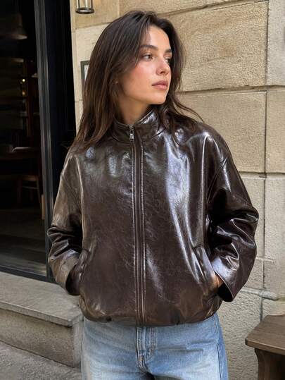 Cévolie American Vintage Dark Brown Stand Collar Leather Jacket, Loose Silhouette Zipper Style, Textured Faux Leather Fabric, Autumn/Winter Daily Commute Versatile Slimming Jacket