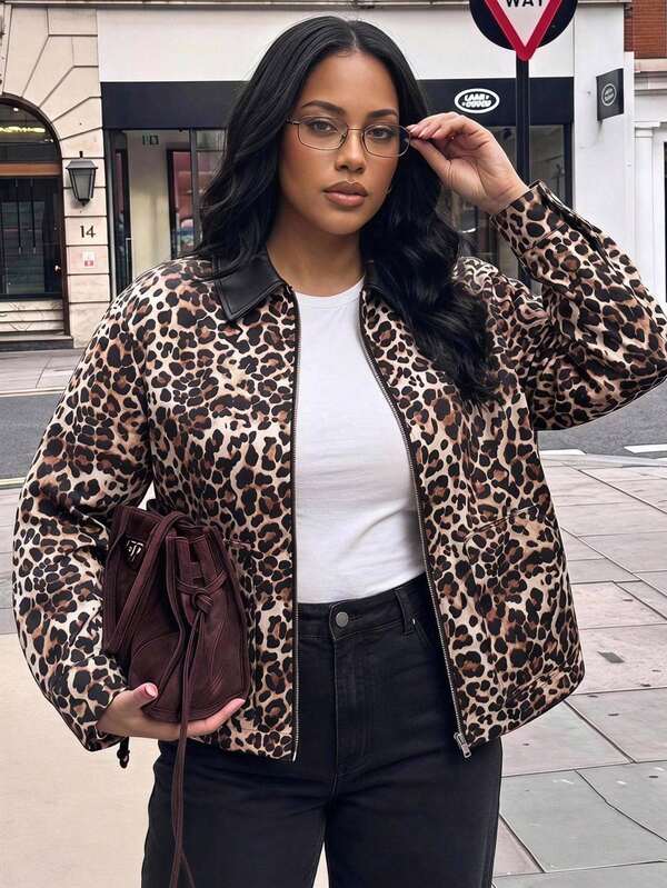 Solavibe Plus Size Autumn Fashion Leopard Print Jacket,Women's Winter Coats,Animal Print,Casual Everyday,Curvy Women Outerwear, Long Sleeve Casual Jacket