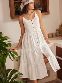 Lullawish Gaun Cami Berbahan Katun Campuran Longgar dan Nyaman Gaya Bohemian untuk Wanita, Pakaian Santai - Putih - View 2