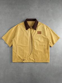 ROMWE MEN Men's Loose Suede Short Sleeve Shirt - Khaki - View 1