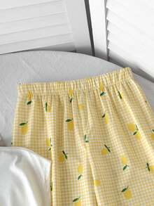 SHEIN Tween女孩2件套休閒寬鬆露肩短袖圓領檸檬刺繡紋理針織T恤與黃白拼接清新檸檬印花寬腿直筒長褲套裝 - 黃色 - 查看 5