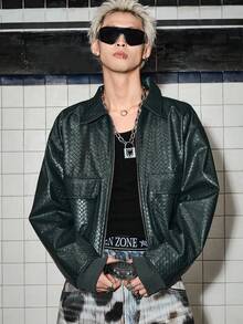 ROMWE MEN Street Life 男士時尚復古編織紋理夾克 - 墨綠色 - 查看 1