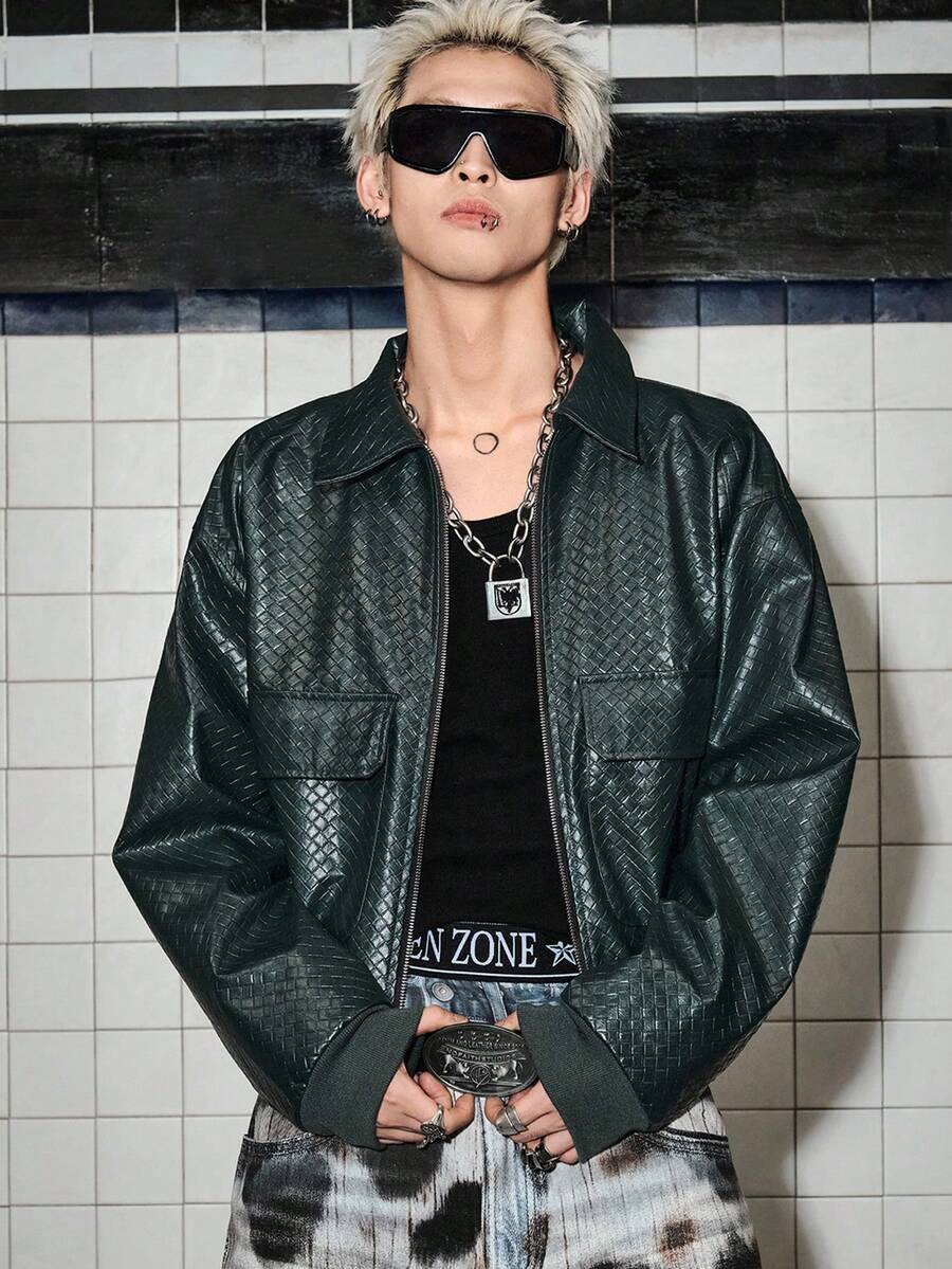 ROMWE MEN Street Life 男士時尚復古編織紋理夾克 - 墨綠色 - 查看 1