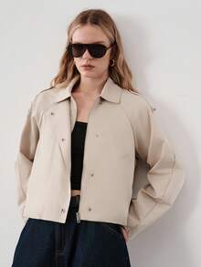 Aveloria Modichic Lapel Collar Long Sleeve Minimalist Comfortable Beige Short Jacket, Metal Buttons, Lapel Design, Loose Silhouette, Casual Versatile Style, Spring/Autumn Season, Fashion Commute, Minimalist Comfortable, Daily Outings, Commute, Outdoor Leisure, Seasonal Transition, Early Autumn Essential, Lightweight Women's Regular Jacket - Apricot - View 1