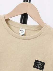 SHEIN Tween Boy Patchwork Crew Neck Long Sleeve Contrast Color Knit T-Shirt - Khaki - View 3