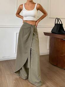 DAZY Solid Color Loose Tie-Up Elegant Street Casual Vacation Spring Autumn Wide Leg Pants Women Long Brunch Office Olive Green - Green - View 4
