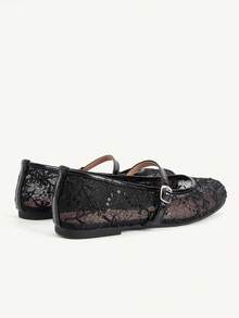CUCCOO CHICEST 女款蕾絲網眼瑪麗珍鞋 夏季透氣扣帶平底鞋 日常通勤約會溫柔鞋 - 黑色 - 查看 10