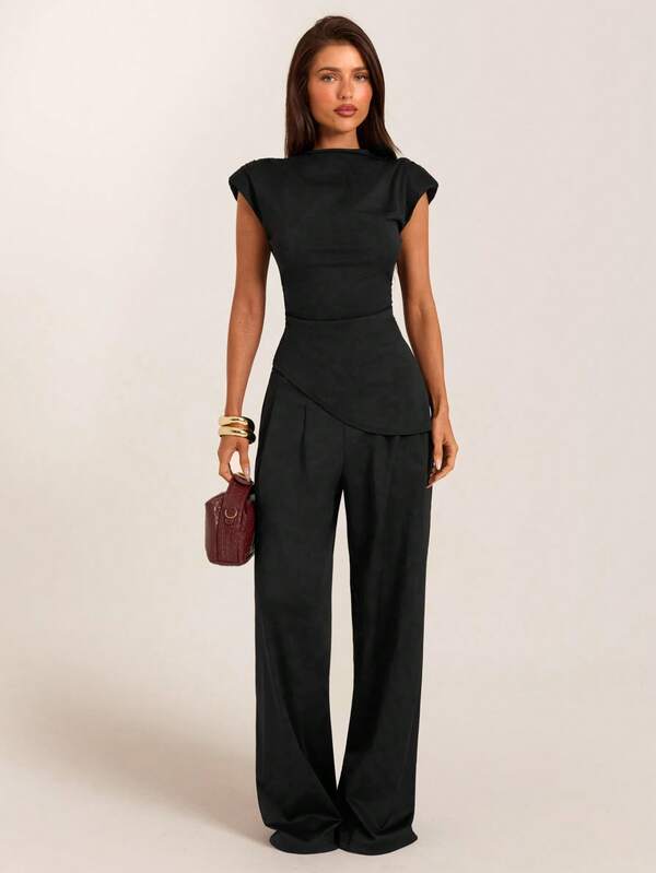 SHEIN BAE Spring/Summer Black Stand Collar Asymmetric Waist-Cinching Top + Wide Leg Pants Set, Elegant Commuter Business Gathering Professional 2 Pieces Outfit