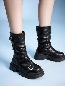Sugerpunk Women's Fashion Versatile Chain Decor Thick Sole Wedge Ankle Boots - Black matte - View 6