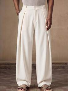 HIMLAND Pantalones rectos de color liso versátiles y casuales para hombres para ir al trabajo - Beis - Ver 4