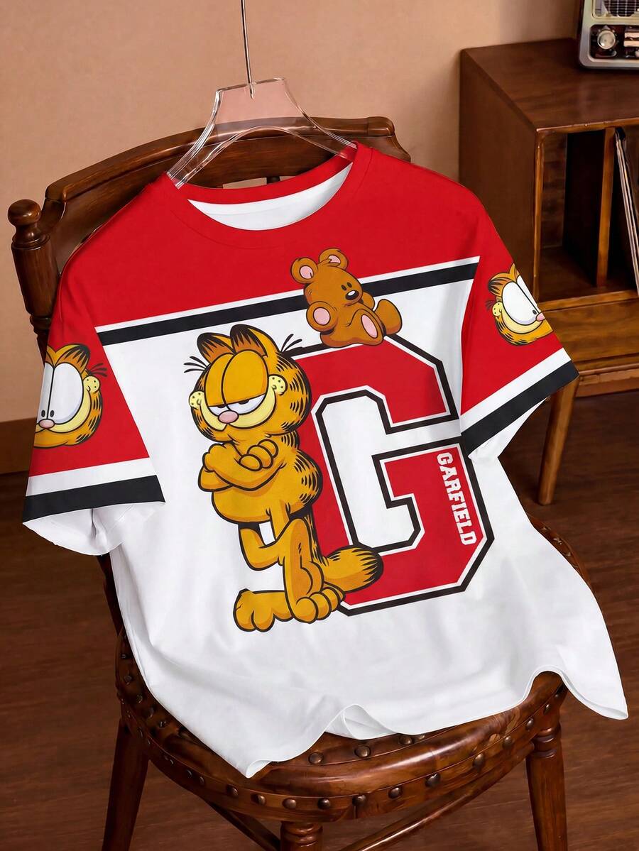 GARFIELD | SHEIN 女士休闲撞色字母猫咪图案圆领短袖T恤,夏季 - 白色 - 查看 1