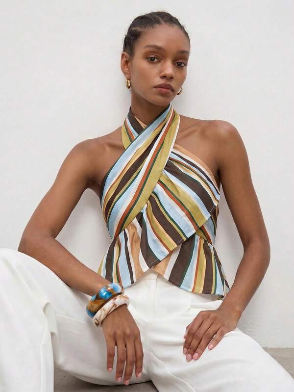 MAIJA Beach Striped Halter Crossover Ruffle Hem Crop Top Summer Fall Halloween Party School